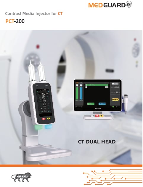 MedGuard Contrast Media Injector for CT with dual head display in front of a CT scanner, PCT 200 MedGuard Contrast Media Injector for CT with dual head display in front of a CT scanner, PCT 200